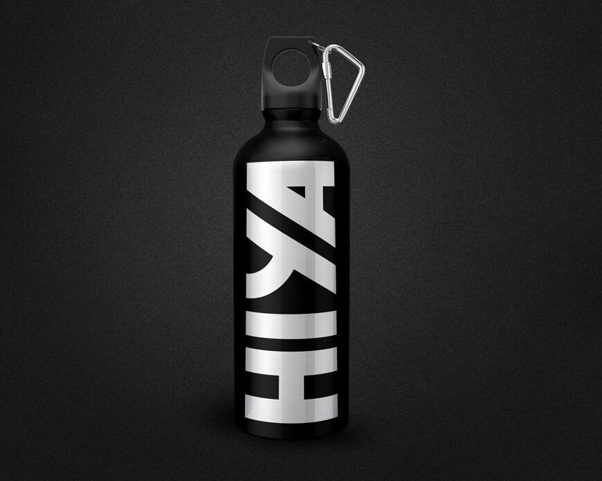 Black water bottle with white HIYA logo text printed on it vertically