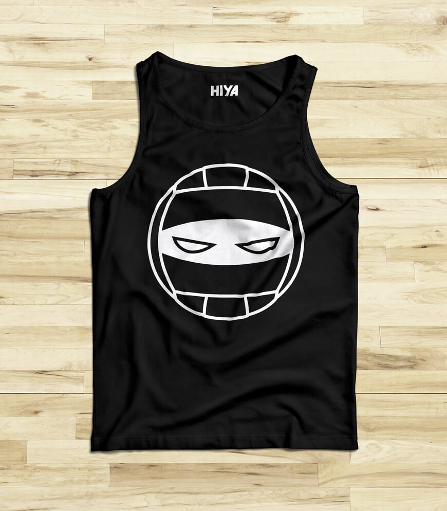 Black tank top with icon of volleyball combined with ninja eyes