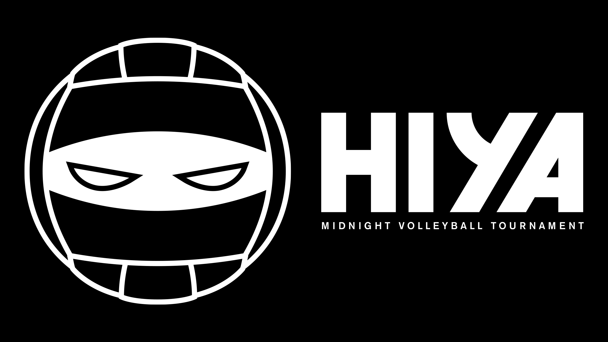 Large icon of volleyball combined with ninja eyes next to smaller text that says HIYA Midnight Volleyball Tournament